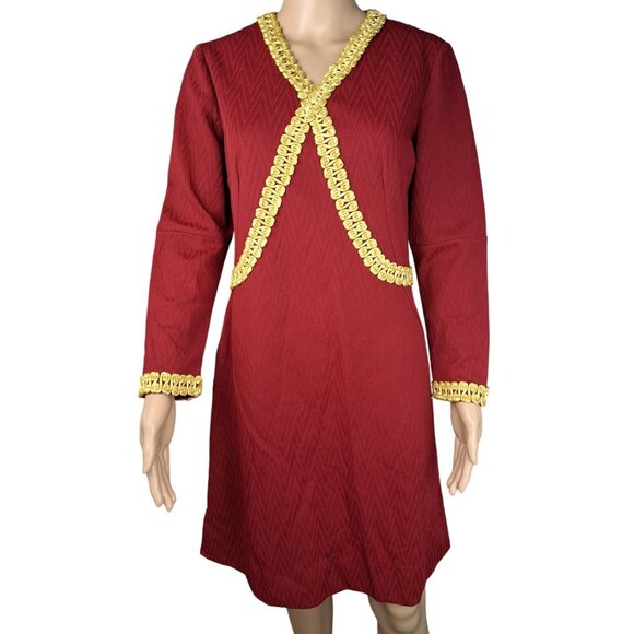 Handmade Dresses & Skirts - Vintage Handmade Maroon Dress Gold Gimp Trim Long Sleeve Chevron Texture Zip 70s